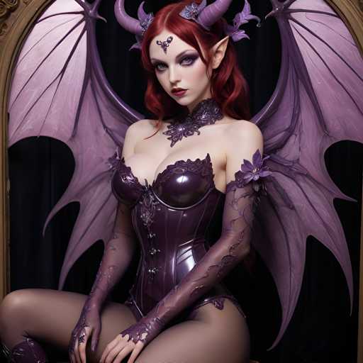 A woman with red hair and a purple dress is seated on a throne-like chair, wearing a crown of flowers and a headdress adorned with horns.