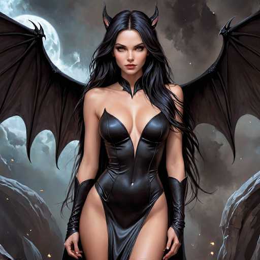 The image depicts a striking, computer-generated female character with long, flowing black hair and a pale complexion. She is adorned in a tight, black leather bodysuit that accentuates her figure, featuring a deep V-neckline that extends down to her belly button, and a high slit on the left side of her thigh. The bodysuit is complemented by black leather gloves that reach up to her elbows. Her most captivating attributes are her large, bat-like wings, which are spread wide, showcasing intricate black feathers with pointed tips. She also sports small, black devil-like horns on her head. The background is a dramatic night scene with a full moon partially obscured by clouds, and rocky formations visible on either side of her. The overall atmosphere is dark and mysterious, enhancing the character's enigmatic presence.