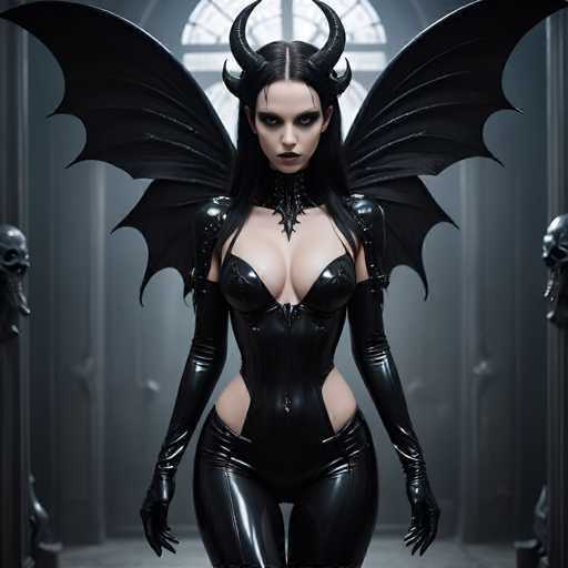 In this striking image, a woman stands confidently in a sleek, black leather bodysuit that accentuates her figure. The bodysuit features long sleeves that extend up to her biceps, leaving her forearms bare. The suit is designed with a daring cutout that reveals her hips and extends up to her chest, where it fits snugly around her breasts. The material is form-fitting, hugging her curves and adding to the overall allure of the outfit.

Her long, black hair cascades down her back, complementing the dark, gothic aesthetic of her attire. Adding to her imposing presence are large, black bat wings that spread out behind her, creating a dramatic silhouette. Atop her head, she wears a pair of black horns, further enhancing her fierce and mysterious aura.

The background is a muted gray, which serves to make her the focal point of the image. Flanking her on both sides are statues of skulls, adding an eerie and macabre touch to the scene. The overall composition is dark and moody, perfectly capturing the essence of a powerful, otherworldly character.