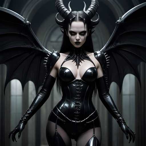 A woman with long dark hair and a black corset stands in front of an ornate archway, wearing a full-body black leather outfit that includes a headdress adorned with horns and a cape draped over her shoulders.