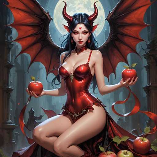 The image depicts a seductive devil woman with long black hair, adorned with red horns and red ears. She is dressed in a revealing red corset that exposes her legs and features a red heart on her forehead. Her striking red eyes and red lipstick add to her alluring appearance. She holds a red apple in each hand, with ribbons flowing from them. The background is a dark, grayish-blue hue, illuminated by a full moon. She is seated on a throne-like chair, surrounded by red ribbons and green leaves. Additional red apples are scattered around her, enhancing the scene's sinister yet captivating atmosphere.