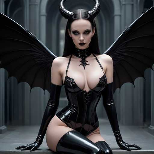 In this striking image, a woman is seated on a gray ledge, set against a backdrop of gray arches and columns. She is adorned in a provocative black leather corset that accentuates her figure, paired with matching black leather gloves that extend to her elbows. Her attire is completed by thigh-high black leather boots. The corset features a lace-up design at the front, adding to its allure. Around her neck, she wears a choker with a star-shaped pendant, and her long black hair is parted in the middle, cascading down to her shoulders. Her makeup is bold, with dark lipstick and heavy eye makeup, and she wears a pair of imposing black horns that curve upwards from her head. Adding to her dramatic appearance, she has large black bat wings spread out behind her. The overall scene is dark and gothic, with the woman's intense gaze directed straight at the camera, creating a powerful and captivating image.