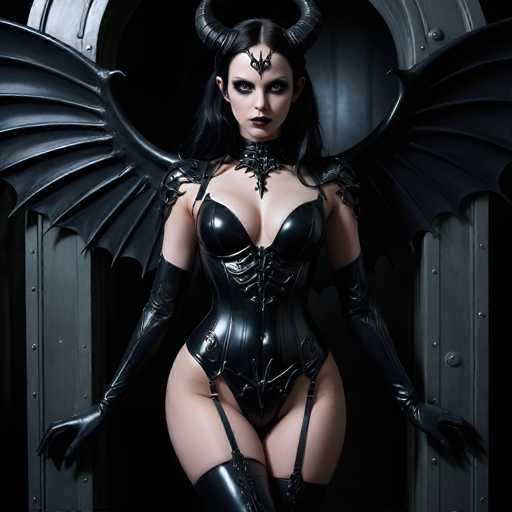The image depicts a striking gothic scene featuring a woman with long, dark black hair and heavy eye makeup, including thick black eyeliner and dark lipstick. She is adorned with a pair of large, black metal horns protruding from her head and a black metal headpiece that extends down to her forehead. Her attire is a revealing, form-fitting leather outfit that accentuates her curves, complete with a corset-like top, gloves, and thigh-high boots. She also has black wings extending from her back. The woman stands in front of a massive, imposing metal door with rivets and a circular frame, adding to the overall dark and mysterious atmosphere of the scene.