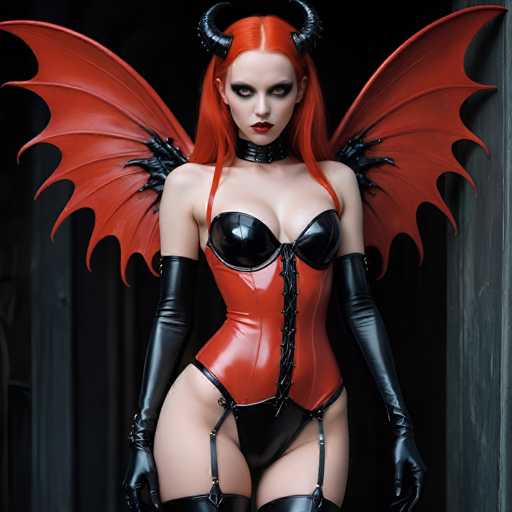 A striking image features a woman with vibrant red hair, styled to perfection. She is adorned with small black horns on either side of her head, adding a touch of mystique. Her makeup is bold and dramatic, with heavy black eyeshadow accentuating her eyes and bright red lipstick that contrasts sharply with her pale complexion. Around her neck, she wears a black choker that complements her attire. Her outfit is a form-fitting, red leather corset with black straps and buttons running down the front, revealing her legs. She pairs this with long black gloves that extend up to her biceps and thigh-high black boots. Adding to her ethereal appearance, she has large, red wings with black tips extending from her back. The background is a dark gray, almost black, which makes her vivid attire and features stand out even more dramatically.