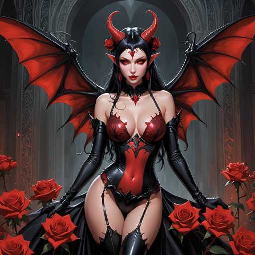 The image depicts a striking, computer-generated female character with devilish features. She has long, flowing black hair adorned with two prominent red horns and a red gem on her forehead. Her eyes are a vivid red, matching her red lips and the intricate red and black outfit she wears. The outfit includes a bustier, garter belt, and thigh-high boots, all complemented by long black gloves that extend to her elbows. Her skin is pale, contrasting sharply with her dark attire. She has large, bat-like red wings with black veins and spikes protruding from her shoulders. The character stands amidst a sea of red roses, with a gray, ornate background that resembles a cathedral or castle. The overall scene is rich in detail, emphasizing the gothic and demonic aesthetic of the character.