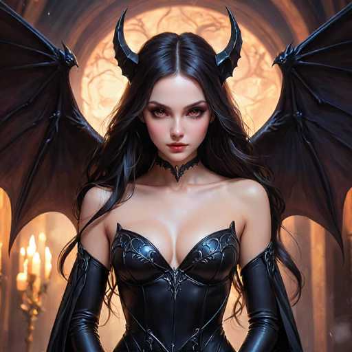 The image depicts a highly detailed, computer-generated or AI-generated artwork of a young woman with striking, supernatural features. She has long, dark black hair parted in the middle, cascading down to her chest, and piercing red eyes that seem to glow with an eerie light. Her lips are painted a vivid red, adding to her gothic allure. Adorning her head are black, devil-like horns that curve upwards, each horn ending in a menacing point. She is dressed in a tight, black leather corset with intricate designs, complemented by long, black gloves that extend up to her biceps. Her skin is pale, enhancing the contrast with her dark attire and features. Behind her, large black bat wings spread out, adding to her imposing presence. The background features a grand, arched window with a glowing yellow light, reminiscent of a church or cathedral setting. To the left of the image, a candelabra with lit candles adds a touch of old-world charm to the scene. The overall composition exudes a dark, gothic, and supernatural aura, making the woman appear almost demonic.
