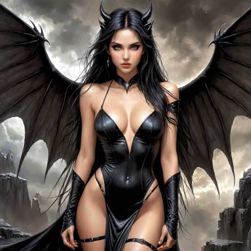 The image depicts a striking, computer-generated female character with long, flowing black hair and a pale complexion. She has mesmerizing, light-colored eyes that appear almost white, and her lips are painted a vivid red. Adorning her head are black horns, adding to her devilish appearance. She is dressed in a revealing black leather bodysuit that accentuates her large breasts and long, slender legs. The bodysuit features a deep V-neckline that extends down to her belly button, and it is adorned with straps that run over her shoulders and around her thighs. She also wears black leather gloves that extend up to her elbows. Her black wings, which are spread out behind her, have small spikes at the tips, enhancing her menacing aura. The background is a dramatic, cloudy sky with dark gray clouds, and jagged, rocky cliffs frame the scene on both sides, adding to the overall ominous and fantastical atmosphere.