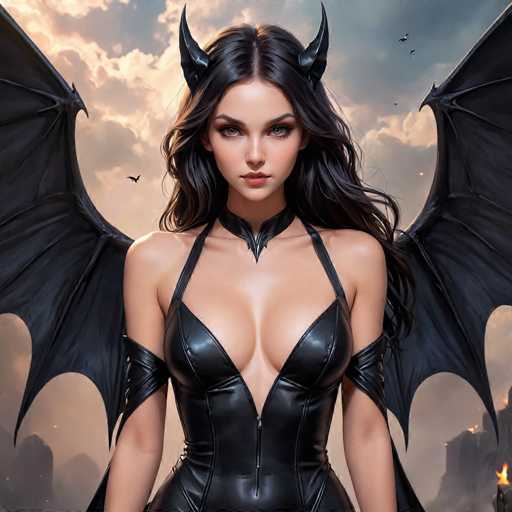The image depicts a highly detailed, computer-generated or AI-generated scene featuring a young woman with long, dark brown hair and striking green eyes. She is adorned with black devil horns and has a fair complexion. The woman is wearing a form-fitting, black leather corset that reveals her cleavage and extends up to her neck, where it is connected to a black leather collar. The corset is zipped up the front, and her arms are exposed, with black leather straps wrapped around her biceps. She also sports black leather wings that spread out behind her, adding to her devilish appearance. The background is a dramatic, cloudy sky with hints of blue, and there are several black birds flying around her. The overall scene is dark and moody, with a fiery light emanating from the bottom right corner, enhancing the fantastical and ominous atmosphere.