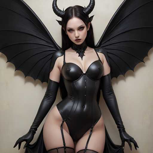 A woman with long dark hair and a black leather bodysuit is the central figure in this image. She is wearing a large horned headdress that covers her entire face, giving her an ethereal appearance. The background of the image is white, which contrasts with the dark colors of the woman's outfit and accentuates her presence.