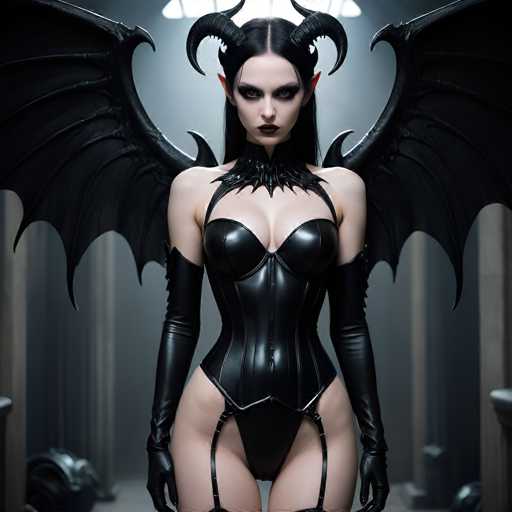 The image depicts a striking gothic character with a pale complexion and long black hair. She is adorned with black, curved horns that feature small spikes at their tips. Her attire includes a tight black leather corset that accentuates her figure, paired with long black gloves that extend up to her biceps. A black collar with a jagged, tooth-like design encircles her neck. Her eyes are heavily lined in black, and her lips are painted a deep black, adding to her enigmatic appearance. She has pointed ears, reminiscent of an elf, and large, black bat-like wings spread behind her. The background is a muted gray, with indistinct objects on the floor and a series of gray columns lining the walls, enhancing the overall dark and mysterious atmosphere.