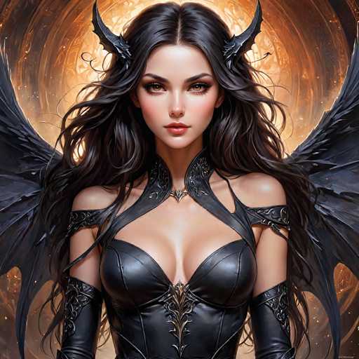 The image depicts a highly detailed, computer-generated or AI-generated fantasy character of a young woman with long, wavy black hair. She has striking brown eyes and is adorned with black, wing-like accessories on either side of her head. Her attire consists of a black leather corset with intricate gold designs, complemented by matching black leather gloves that extend up to her biceps. The corset features a clasp at the center, adding to her gothic aesthetic. She also wears a black leather choker with a silver pendant. Her skin is fair, and she has a serious expression as she gazes directly at the viewer. Behind her, a dramatic backdrop of golden light and dark, ornate, circular patterns enhances the fantasy atmosphere. Large, black wings extend from her back, completing her imposing and mystical appearance.