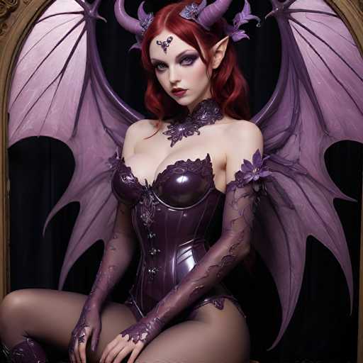 This image features a striking, AI-generated fantasy character of a woman with vibrant red hair. She is adorned in a tight, purple leather corset that accentuates her figure, complemented by sheer, purple lace sleeves. Her ensemble is completed with a matching purple choker and tights. The character's design includes distinctive fantasy elements: purple wings extending from her back, purple horns protruding from her head, and pointed ears that enhance her otherworldly appearance. Her makeup is bold, with heavy purple eyeshadow and dark red lipstick, adding to her captivating presence. The background is a deep black, and she is seated in front of a mirror, which reflects her image, adding depth to the scene. The overall composition is rich in detail and color, emphasizing the character's fantastical and alluring nature.