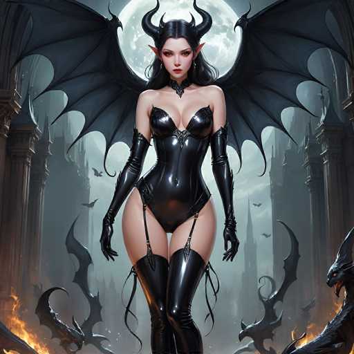 The image depicts a highly detailed, computer-generated scene featuring a seductive female devil character. She stands at the center, adorned in a tight black leather bodysuit that accentuates her curvaceous figure, complete with a bustier top and garter belts leading to thigh-high boots. Her long black hair cascades down, framing her face, which is highlighted by red lipstick and a mischievous smile. She has striking black wings extending from her back and black horns protruding from her head, adding to her demonic allure. Her ears are pointed, resembling those of an elf, and she wears a choker around her neck.

The background is a dark, eerie landscape with a full moon casting a silvery glow over the scene. Surrounding her are tall, shadowy buildings and a smoky atmosphere, enhancing the gothic ambiance. In the sky, several black bats are flying, while in the foreground, there are dragon-like creatures with glowing red eyes and sharp teeth. The bottom left corner of the image shows a small fire, adding to the overall sense of danger and mystique. The entire scene is rich in color, featuring shades of black, gray, white, red, orange, yellow, and brown, creating a vivid and captivating visual experience.