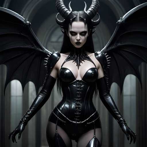 The image depicts a striking female character with an otherworldly presence. She has long, sleek black hair cascading down her back, and her face is adorned with dramatic makeup. Her eyes are accentuated with black eyeliner that extends into a bold line, and her lips are painted a deep black. Her skin is pale, creating a stark contrast with her dark features.

Emerging from the sides of her head are two imposing black horns, adding to her menacing appearance. She is dressed in a form-fitting black leather outfit that accentuates her curves, particularly her large breasts. The outfit features a corset-like design with laces running down the front, and it is complemented by long black gloves that extend up to her biceps. Her legs are clad in black stockings, and she wears thigh-high boots that complete her ensemble.

Her wings are a prominent feature, extending from her back in a wide, expansive spread. The wings are black with intricate lines running through them, giving them a delicate yet formidable look. The character stands in a dimly lit room, with light filtering through windows in the background, casting an eerie glow that enhances her sinister aura.