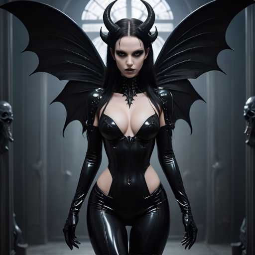 A woman with long dark hair and a black outfit is standing in front of a window, her face obscured by a large pair of horns that she wears as part of her costume. The room around her has a Gothic architectural style, characterized by pointed arches and columns, which adds to the overall atmosphere of the scene.