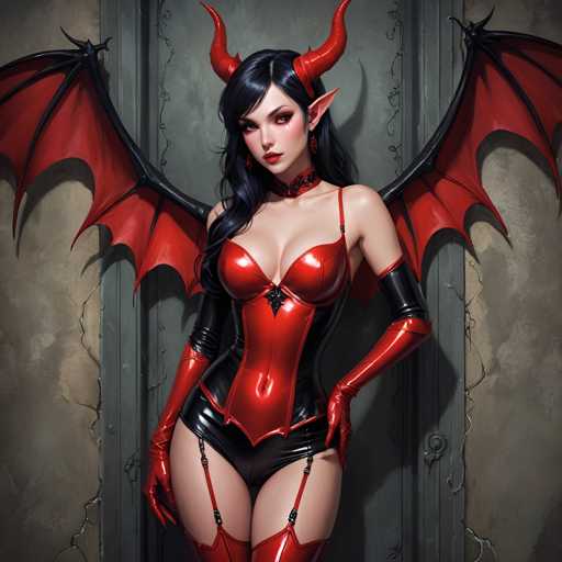 The image depicts a woman dressed as a devil or werewolf with red wings and horns, standing against a gray stone wall. She is wearing a black leather outfit that includes a corset, garter belt, and stockings. The woman's face features dark makeup and red lipstick, further enhancing her devilish appearance.