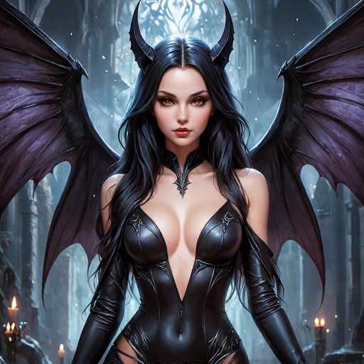 The image depicts a striking, computer-generated female character with long, dark black hair and intense red eyes. She has devil-like horns protruding from her head, adding to her menacing appearance. Her attire is a form-fitting, black leather bodysuit that accentuates her large breasts and long, slender arms. The bodysuit features a V-shaped cut that extends down to her navel, revealing her midriff. She also wears black gloves that reach up to her biceps. Her skin is fair, and she has a serious expression on her face. 

Behind her, large, dark purple wings with intricate black veins spread out, enhancing her demonic aura. The background is a dimly lit, grayish-blue castle with tall, arched windows and stone columns. Candles in holders line the walls, casting flickering light that adds to the eerie atmosphere. The overall scene is dark and mysterious, with a sense of foreboding that complements the character's sinister look.