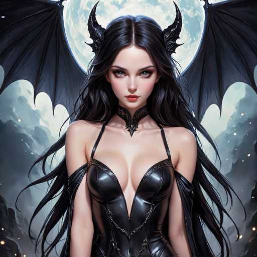 This image is a highly detailed, computer-generated illustration of a young woman with long, dark black hair and striking blue eyes. She is dressed in a revealing black leather corset that accentuates her cleavage and features thin straps over her shoulders. Around her neck, she wears a choker that complements the corset. Her long black hair cascades down, and she has distinctive black wings extending from her back, with additional wing-like structures protruding from her head. The background is a dark, cloudy night sky illuminated by a full moon, casting a dramatic light over the scene. The overall composition and intricate details suggest that this image is likely AI-generated, showcasing a blend of realism and fantastical elements.