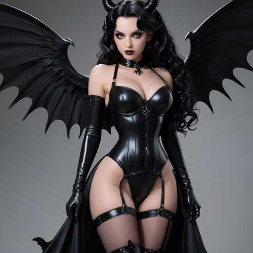 A woman with long dark hair and a black dress adorned with red accents is the central figure in this image. She is wearing a corset that accentuates her curves and has a necklace around her neck. The background of the image is a stark white color, which contrasts sharply with the woman's dark attire.