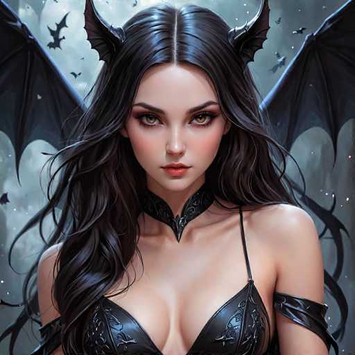 This image is a detailed, computer-generated illustration of a young woman with long, wavy black hair and striking green eyes. She has a pale complexion and is adorned with a black leather choker that fits snugly around her neck. Her attire includes a black leather bra with intricate designs, and a black leather strap circles her upper arm. The woman's expression is serious, and she gazes directly at the viewer. Notably, she has black bat wings extending from her head, adding a fantastical element to her appearance. The background features a night sky with a full moon, and several black bats are flying around, enhancing the eerie and mystical atmosphere of the scene.