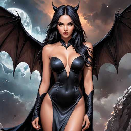 The image depicts a striking, computer-generated female character with long, wavy black hair cascading down to her chest. She has a tan complexion and piercing golden eyes that gaze directly at the viewer. Her lips are painted a vivid red, adding to her captivating appearance. She is adorned in a sleek, black leather bodysuit that accentuates her figure, featuring a deep V-neckline that plunges down to her belly button, and a high slit on the left side that reveals her leg. The bodysuit is form-fitting, highlighting her pronounced chest and slender waist. She wears black leather gloves that extend up to her elbows, and a black collar around her neck. Her most striking feature is the pair of large, black bat wings that spread out behind her, adding an element of mystique and power to her presence. The background is a dramatic night sky filled with dark gray clouds, illuminated by a full moon on the left side, casting an ethereal glow over the scene.