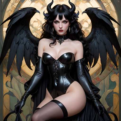 This AI-generated image depicts a striking woman with long, wavy black hair adorned with two prominent horns. She is dressed in a form-fitting black leather corset that accentuates her figure, paired with matching gloves that extend up to her biceps. Her attire is completed with black stockings, and she wears a choker necklace featuring a silver pendant. The woman's face is framed by heavy eye makeup and bold red lipstick, adding to her dramatic appearance. She is seated on a black chair, with her legs crossed, and her hands resting on her knees. Notably, she has two large black wings extending from her back, and there are two black birds perched on either side of her head. The background features a circular stained glass window, adding a touch of ethereal beauty to the scene.