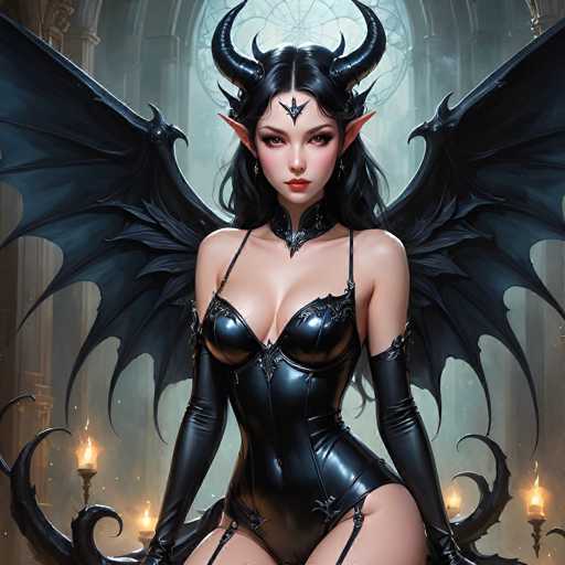 The image depicts a highly detailed, computer-generated or AI-generated fantasy character of a seductive demon woman. She has long, dark black hair parted in the middle, with two prominent black horns protruding from her forehead. Her pointed ears and red lipstick add to her devilish appearance. She is dressed in a tight, black leather bodysuit that accentuates her large breasts and long, slender legs, complemented by black gloves that extend up to her biceps. The character also sports a black choker around her neck. She has large, black bat-like wings extending from her back, and her hands are adorned with black claws. The background features a grand, cathedral-like setting with tall, arched windows and large stone columns. Candles on tall candlesticks are lit on both sides, casting a warm glow that enhances the mystical atmosphere. The overall scene is rich in detail, with a color palette dominated by black, gray, and brown tones, creating a dark and enchanting visual experience.