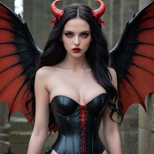 The image depicts a young woman with long, dark brown hair cascading down her shoulders. She has striking green eyes and wears bold red lipstick. Her attire consists of a black leather corset, intricately laced up the front with red strings, and adorned with red bows. Adding to her devilish appearance, she sports two small red horns on either side of her head. Her wings, which are spread out behind her, are a vivid red with black edges, enhancing her demonic look. The background features a stone wall, and she stands with her arms at her sides, gazing directly at the camera.