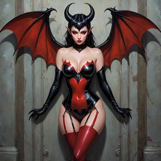 The image depicts a highly detailed, computer-generated illustration of a gothic-style female character, possibly from a video game or comic book. She stands against a backdrop of a grayish-blue wall with brown trim, her hands resting on the wall. The character is dressed in a revealing, form-fitting outfit that combines black and red leather elements. Her attire includes a corset-like top with a V-shaped cutout, black gloves extending to her elbows, and thigh-high red boots. She also wears garters that connect to her boots. Her long, dark hair is styled with a center part and flows down to her shoulders. She has striking red eyes, red lipstick, and pointed ears, adding to her devilish appearance. Black horns protrude from her head, and she possesses large, bat-like wings with red interiors and black edges. The overall aesthetic is dark and gothic, emphasizing her devilish and seductive nature.