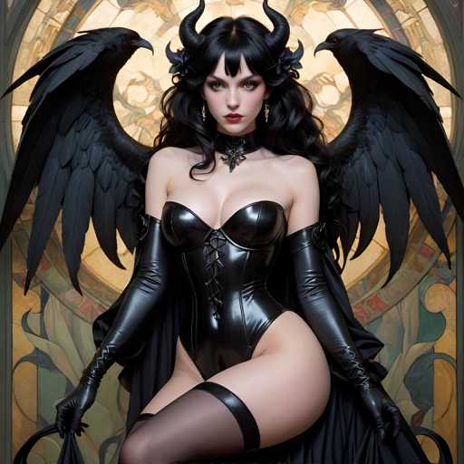 A woman with long dark hair and black wings is depicted wearing a corset and leather boots, standing against a backdrop of a stained glass window featuring intricate designs.