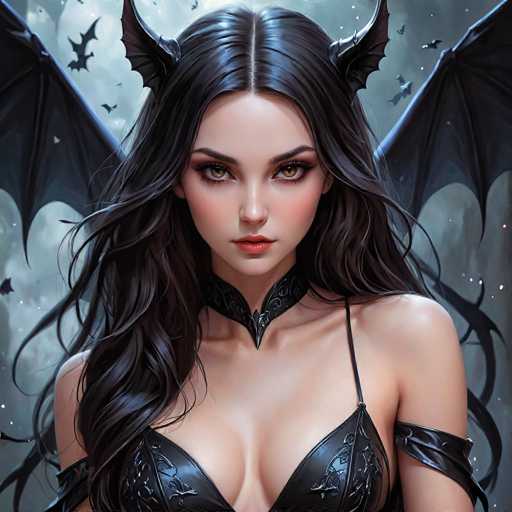 The image depicts a woman with long dark hair wearing a black dress and a corset. She is facing the camera directly, with her eyes looking off to the side. The background features a dark blue sky filled with bats, creating an eerie atmosphere.