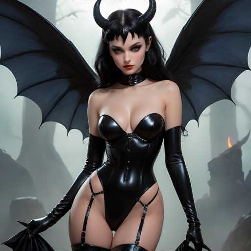 The image depicts a striking, computer-generated woman with long, dark black hair and prominent horns protruding from her forehead. She is adorned in a revealing black leather bodysuit that accentuates her figure, complete with long gloves extending up to her biceps. The bodysuit features a front zipper and straps that run over her thighs, adding to its provocative design. Her lips are painted a vivid red, and she wears a black leather choker around her neck. She holds a black mask in her hand, which is partially visible. Her wings, which are spread out behind her, are black with intricate lines and have a slightly transparent quality. The background is a misty, foggy forest with tall trees, creating an eerie and mysterious atmosphere. The overall scene is dark and shadowy, with a hint of fire visible in the distance, enhancing the gothic and fantastical mood of the image.