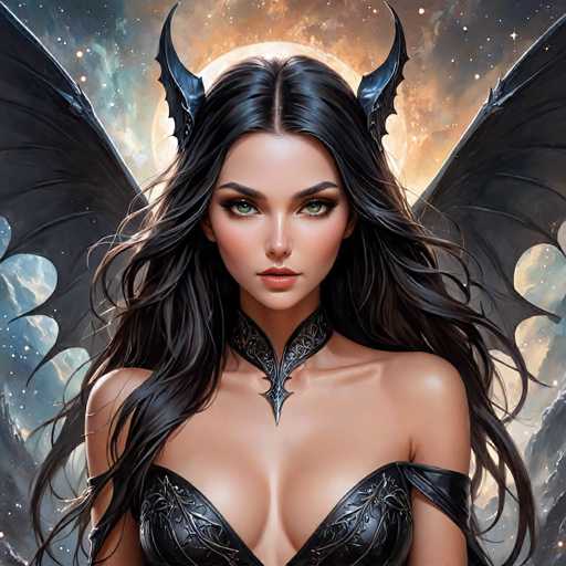 This is a highly detailed, computer-generated image of a young woman with long, wavy black hair that cascades down to her chest. She has striking green eyes and is adorned with a black leather choker that features a bat-like design. Her attire includes a black leather bra with intricate leaf patterns, which is low-cut and reveals her cleavage. The woman's shoulders are bare, and she has a pale complexion. Notably, she has large black bat wings extending from her back, and two black horns protrude from the sides of her head. The background is a mesmerizing blend of a starry night sky and a cosmic scene, with hues of blue, orange, and yellow, and a prominent moon behind her head. The overall composition gives her an otherworldly, almost devilish appearance, reminiscent of a character from a fantasy or video game.