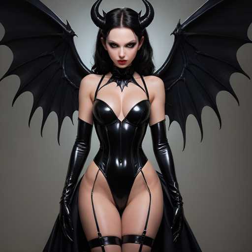 A woman with black hair and makeup stands against a gray background wearing a black leather bodysuit with a corset and wings, and holding a winged staff.