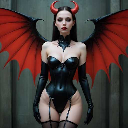 A striking image features a woman adorned in a black leather corset that accentuates her figure, paired with thigh-high black stockings. Her arms are covered by long black gloves that extend past her elbows. She has long, dark hair cascading down her back and wears bold red lipstick. Adding to her dramatic appearance are two red devil horns protruding from her head. She also sports large, black and red wings that spread out behind her, enhancing her devilish allure. The background is a muted gray, which contrasts sharply with her vivid attire, making her the focal point of the image.
