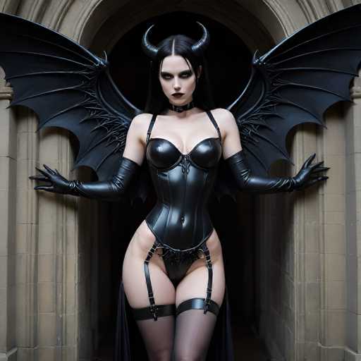A striking image features a woman adorned in a gothic ensemble, standing confidently in front of a grand stone archway. Her long, sleek black hair cascades down her back, complemented by two prominent black horns protruding from her forehead. She wears a choker around her neck, adding to her dark allure. Her attire is a form-fitting black leather corset that accentuates her figure, paired with thigh-high black stockings. Her arms are adorned with long black gloves that extend up to her biceps, and her hands are posed with fingers splayed outwards. She has a pale complexion, with dramatic black eyeshadow and dark lipstick that enhances her gothic look. Large, black bat wings extend from her back, adding an element of mystique. The stone archway behind her is constructed from large, rectangular blocks, with a dark interior that contrasts sharply with the light gray stone. The overall scene is both haunting and captivating, drawing attention to the woman's enigmatic presence.