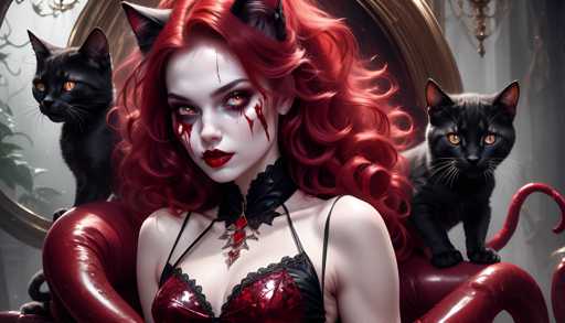 The image depicts a woman with red hair and white makeup wearing a black dress adorned with a red collar and a necklace featuring a large pendant. The woman is seated on a chair, with two cats standing behind her - one black cat and one gray cat.