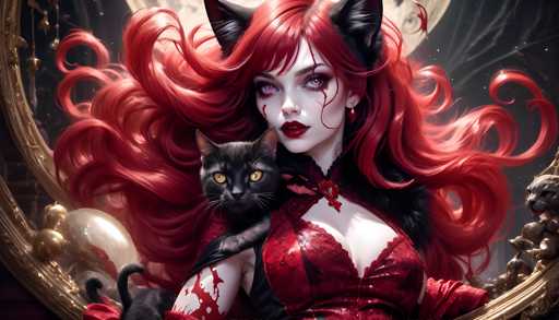 The image depicts a woman with red hair and black makeup wearing a red dress and holding a cat. The background is dark and features a large mirror that reflects the scene.