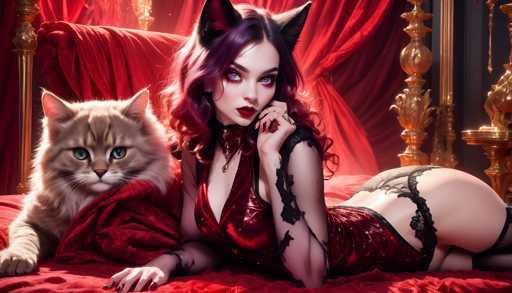 A woman with purple hair and a red dress is lying on her stomach next to a brown cat wearing a black collar. The setting appears to be indoors, possibly a bedroom or living room, as indicated by the presence of a bed in the background.