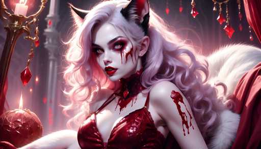 The image depicts a woman with long blonde hair and red lipstick wearing a red dress adorned with white polka dots. She is seated on a throne-like chair, which has a gold base and a red curtain draped over it. The background features a dark purple color scheme with red diamonds scattered throughout the scene.