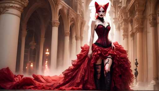 A woman is standing in front of a large archway with red and gold accents, wearing a long red dress with a corset and boots. The background features a large white column and a chandelier hanging from the ceiling.