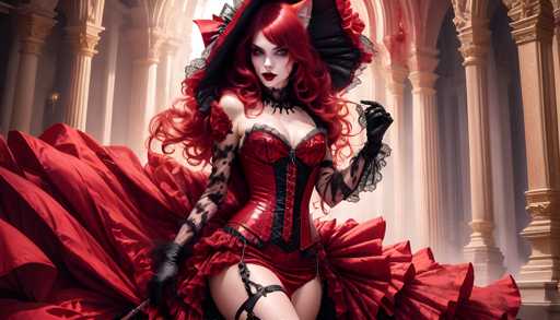 The image depicts a woman with red hair and a black hat standing in front of an ornate building. She is wearing a corset and a ruffled skirt, suggesting she may be dressed for a formal or festive occasion. The woman holds a parasol in her hand, which adds to the elegance of the scene.