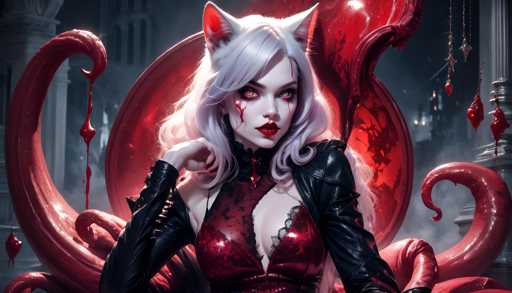 The image depicts a woman with white hair and red lips wearing a black dress and red lipstick. She is seated on a throne-like chair, which has a red and gold color scheme. The background features a dark purple hue, with red and gold accents that add to the overall aesthetic of the scene.