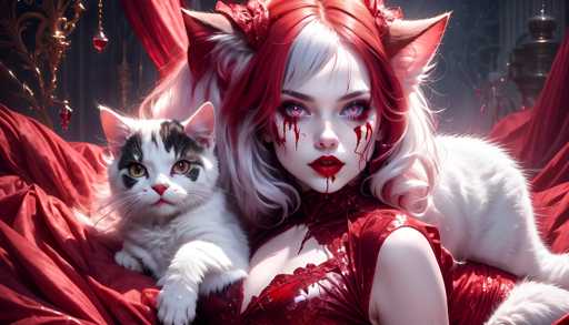 The image depicts a woman with red hair and white makeup wearing a red dress, sitting on a bed next to her cat. The cat is lying down beside the woman, both appearing to be in a relaxed state.