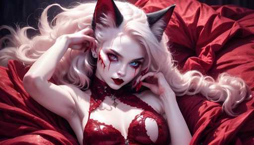 The image shows a woman with blonde hair wearing a red dress and black cat ears. She is lying on her back with her hands resting on her head. The background features a red blanket draped over the bed.