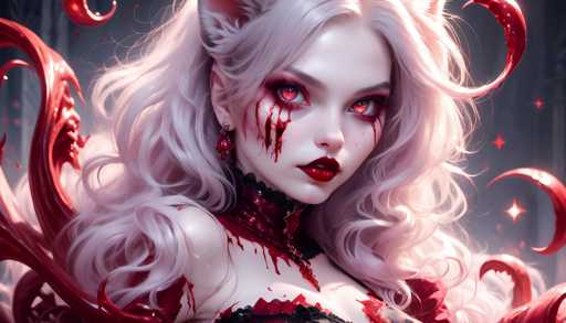 The image shows a close-up portrait of a woman with white hair and red eyes. She is wearing a black dress that contrasts with her pale skin tone. The background features a dark purple color, which complements the woman's appearance. The woman has a dramatic makeup style, with red lipstick and blood splatters on her face.