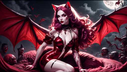 The image depicts a woman with long red hair and a red dress sitting on a bed covered in fur. She is wearing a necklace around her neck and has a cat's head hat on her head. The background features a dark sky filled with bats flying overhead, suggesting the presence of a Halloween-themed event or party.