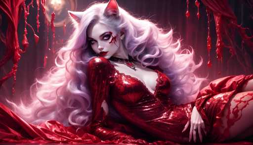The image depicts a woman with long blonde hair wearing a red dress and red lipstick. She is lying on her stomach against a dark background that includes red blood stains and a curtain. The woman's position and the presence of the red stains suggest she might be in a room or a setting where red is predominant, possibly indicating a Gothic or Victorian theme.
The image does not contain any discernible text.