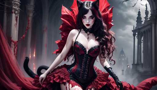 A woman with long dark hair and red lipstick is depicted wearing a corset and a feathered headdress, standing against a backdrop of a Gothic-style building with columns and arches.