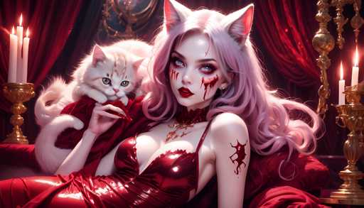 The image depicts a woman with pink hair and red lipstick wearing a red dress, sitting on a couch next to a white cat. The background features a dark red curtain and gold candlesticks, creating an eerie atmosphere.